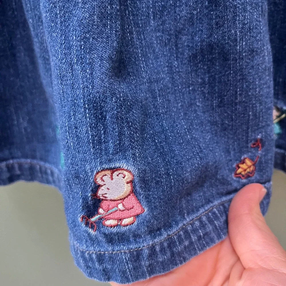 OshKosh Bgosh Vintage Denim Jumper Dress 18M Blue Embroidered Mice Gardening